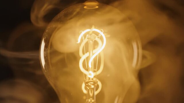 Atmospheric video clip of a modern light bulb where the question-shaped luminous thread transitions smoothly from cool blue uncertainty to warm yellow clarity change, idea, digital