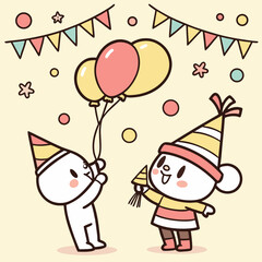 Naklejka premium A cute celebration illustration featuring two happy cartoon characters at a party Vector