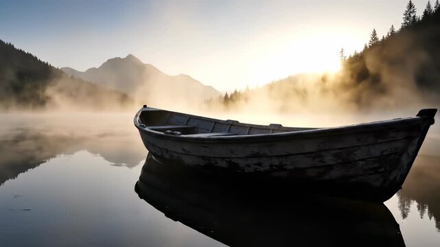 Atmospheric view of a small empty vessel silently drifting through thick morning mist hovering over a tranquil mountain lake peaceful, smooth, moody
