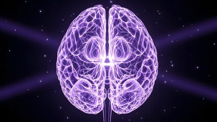 Abstract human brain glowing in purple light, featuring neural network and stars