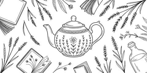 Black and white vector illustration of a branch with a traditional porcelain teapot and cup for a hot beverage