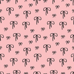 Seamless pattern with hand-drawn ribbon bows on a light pink background