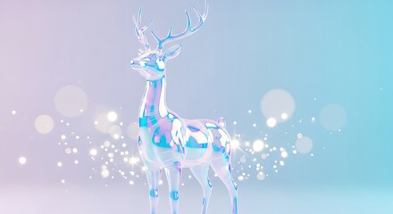 A beautiful iridescent glass deer figure with glowing lights on a pastel background.