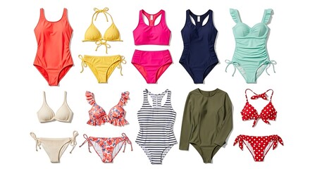 Colorful array of swimsuits for women featuring bikinis, one-pieces, and rash guards