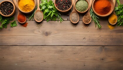 Assortment of colorful spices and herbs in wooden bowls and spoons arranged on a rustic wooden table perfect for culinary themes and food photography