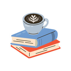 Cozy vector illustration of a coffee cup with latte art placed on a stack of books. Cute flat design for reading, cafe themes, studying, education, and relaxing moments.