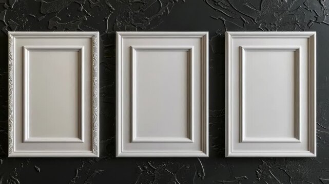 Video Three white picture frames on a black wall, ideal for decorating and displaying s