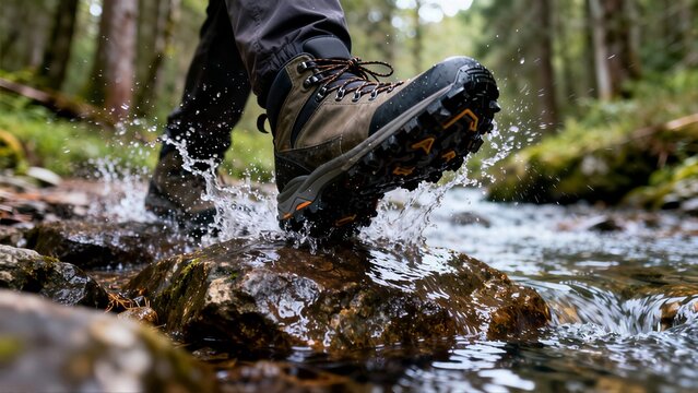 A person in rugged hiking boots steps over a wet, mossy rock in a splashing mountain stream in a forest. - Powered by Adobe