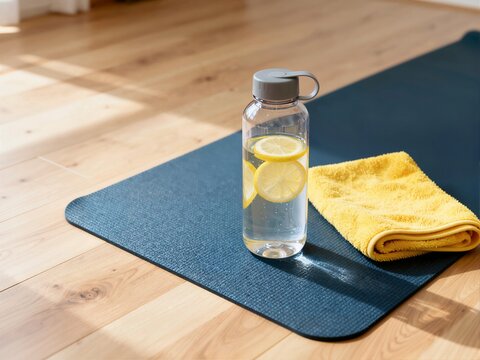 A dark blue yoga mat with a yellow towel and a water bottle containing lemon slices on a bright, wooden floor. - Powered by Adobe