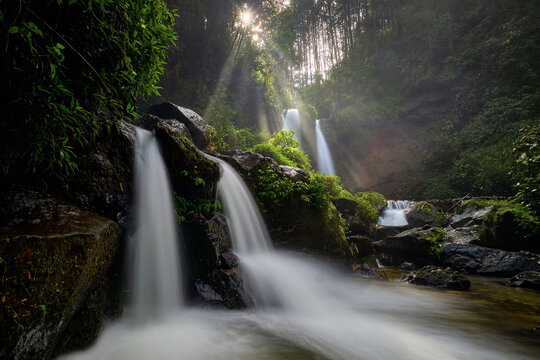 View of twin waterfalls cascade amidst mossy rocks and sunlit foliage, the water's gentle flow contrasting with the rugged terrain, Magelang, Central Java, Indonesia.