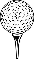 Golf ball on tee illustration featuring detailed dimples, clean line art style, sports equipment graphic, and professional athletic icon design.