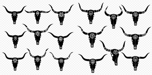 Collection of black and white bull skulls with long horns, isolated on a transparent background.