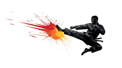 Dynamic low poly martial artist kicking with colorful splash effect