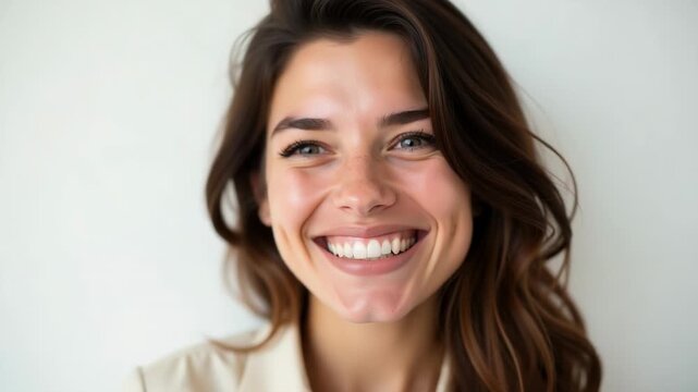 Video A smiling woman with long brown hair wearing a white shirt, perfect for a wide range of use cases including advertising, editorial, or personal projects