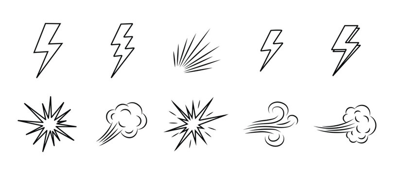 Set of weather icons lightning bolts, wind gusts, and explosion impact symbols in outline style