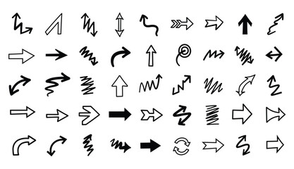 Set of hand drawn arrows in black ink, various styles and directions