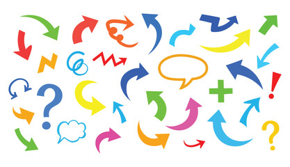 Collection of colorful hand drawn arrows, symbols, question marks, and speech bubbles for design and navigation concepts