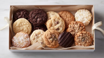 Cookie assortment arranged neatly inside bakery gift box with parchment lining on a light surface