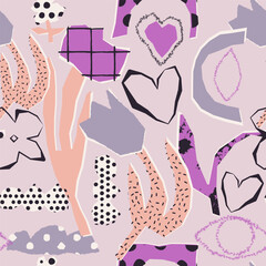 Playful seamless pattern with abstract hand-drawn hearts, floral shapes, geometric cutouts and doodle textures in pastel pink, lilac and purple tones. Modern artistic naive-style background 