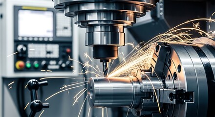 Automated cnc milling machine in operation, producing sparks while shaping a metal workpiece