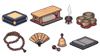 Traditional japanese meditation and ritual items in isometric art style