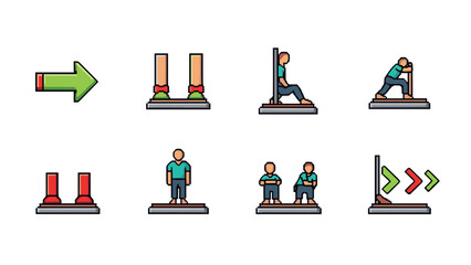 Collection of cartoon characters performing exercises on platforms