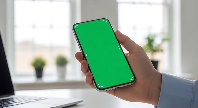 A hand holds a smartphone with a green screen ready for content placement in an office setting - Powered by Adobe
