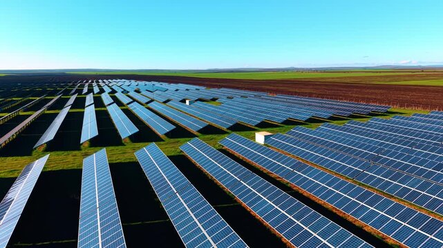Rows of solar panels facing the sun. Green energy production with the eco-friendly technology.