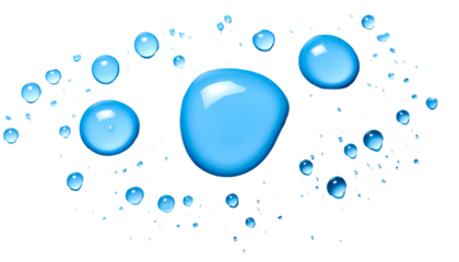 Realistic cluster of bright blue water droplets against a black, transparent background