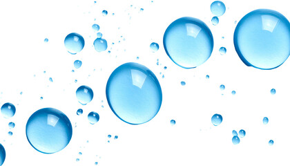 Spherical, transparent blue droplets of water float against a stark black background