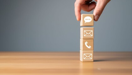Hand stacking wooden blocks with communication icons representing contact methods for customer service business and support
