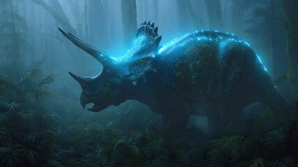 Bioluminescent dinosaur in misty jungle, glowing blue, mystical prehistoric scene.