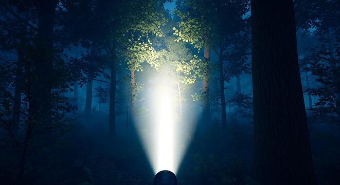 A flashlight beam cuts through the mysterious fog in a dark forest at night