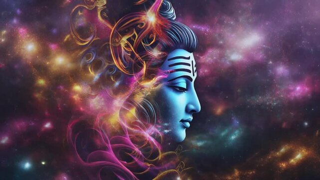 Abstract cosmic art of Shiva Lord Hindu deity avatar glowing in nebula
