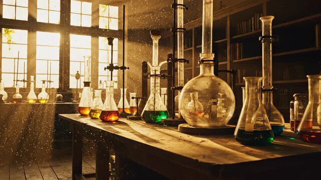 Atmospheric wide shot of golden hour sunlight streaming through a dusty laboratory window illuminating rows of antique glassware and retorts interior, stillness, dust motes