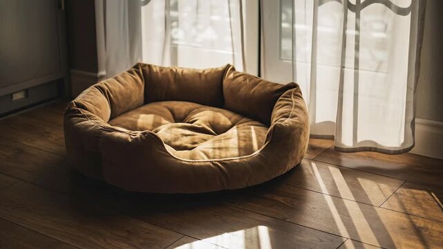 Comfortable Pet Bed on Polished Wooden Floor Near Window with Sunlight Streaming Through Curtains