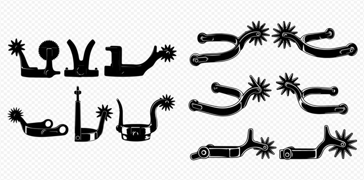 Set of various cowboy boot spurs for horse riding, western rodeo equipment.