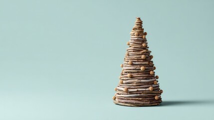 Obraz premium Layered twig Christmas tree made from foraged materials on a teal backdrop with warm lighting