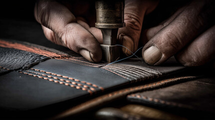 Close-up of an experienced leather craftsman stitching thick leather by hand in a traditional workshop, highlighting artisanal skill, precision work, heritage craftsmanship.