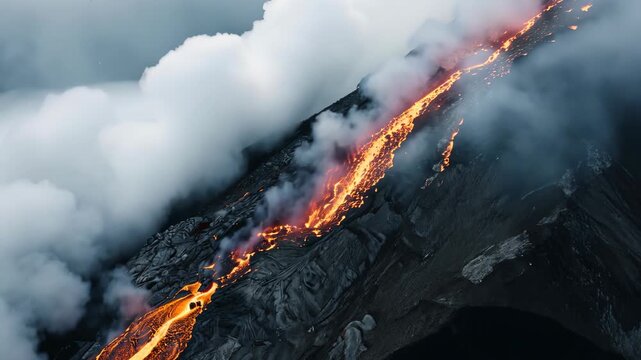 Witness a powerful lava flow moving down a rugged landscape, surrounded by dense clouds and billowing smoke in a breathtaking natural event