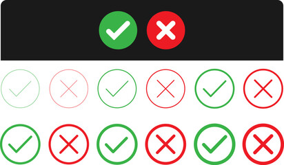 Confirmation and Rejection Symbols: Green Checkmark and Red X Mark Icon Set for UI and Approval