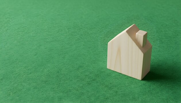 A small, minimalist wooden house model sits on a vibrant green textured surface. - Powered by Adobe