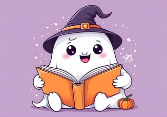 Halloween Cute Ghost Reading Book Kawaii Doodle Style