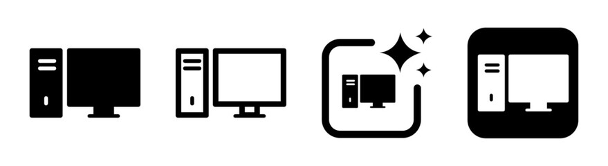 Desktop computer icon featuring pc monitor and CPU in a clean black vector illustration on a transparent background