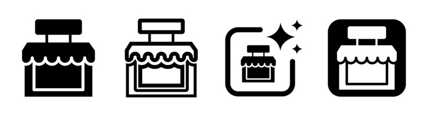 Store icon representing a food market and retail business in a clean black vector illustration on a transparent background