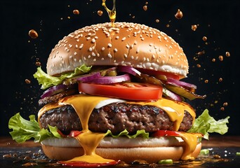 Food Gourmet Burger Splashing Ingredients Hyper Realistic Macro