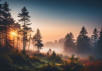 Nature Misty Forest Landscape Sunrise Moody Cinematic Style