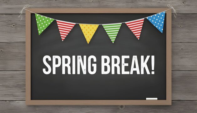 A black chalkboard with "SPRING BREAK!" in white letters and a colorful banner hanging above it.