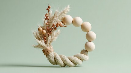 Small minimalist wreath wrapped with braided natural fibers and wooden beads on pastel sage background