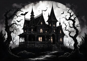 Horror Spooky Haunted House Silhouette Gothic Ink Wash Style